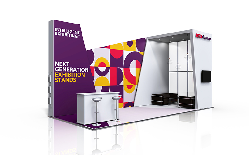 L shaped exhibition stand with indented back wall and semi private meeting area, acrylic wall and 2 bay ISObar counter